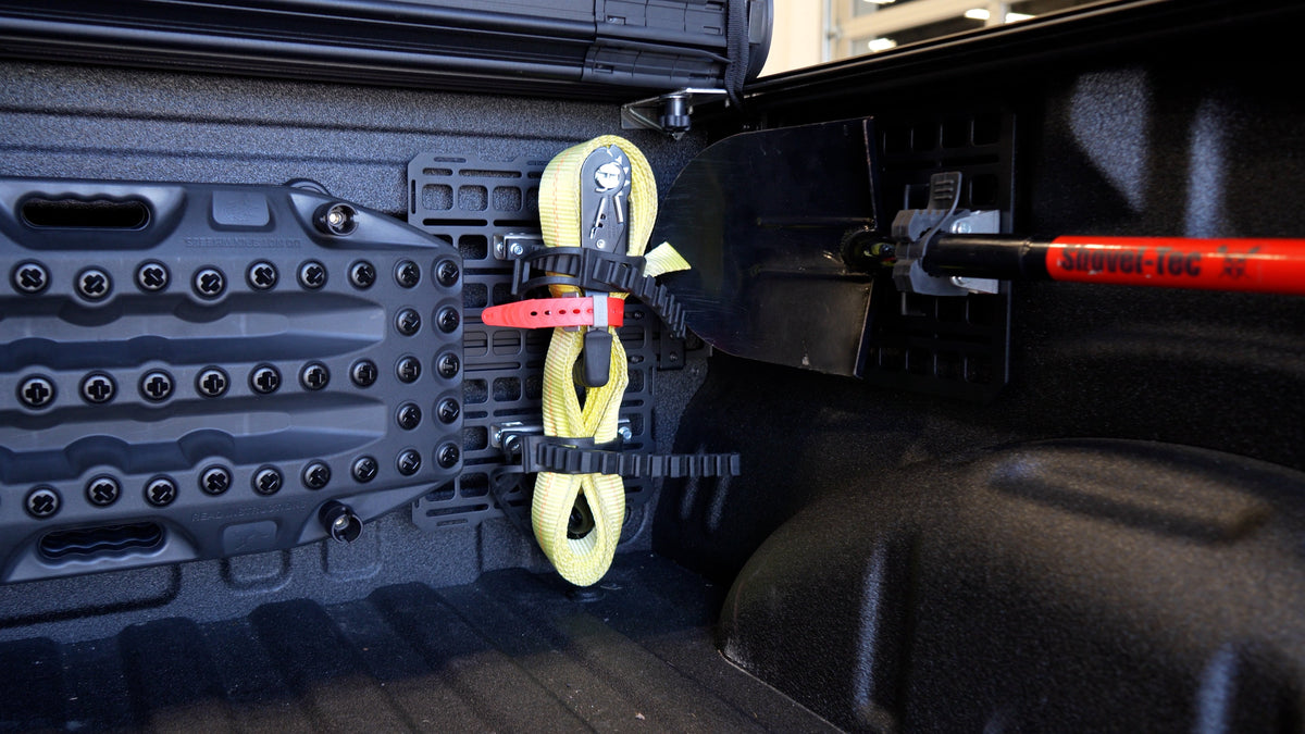 Raptor Recovery Racks Mounting Traction Recovery Boards on the Bulkhead Accessory Rail in ou ...